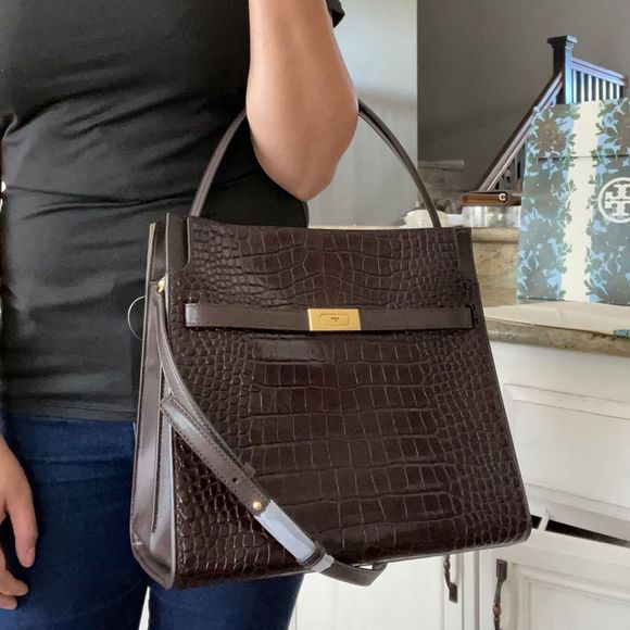 Tory Burch Women's Lee Radziwill Double Bag Handbag Embossed Pumpernickel - Picture 17 of 17